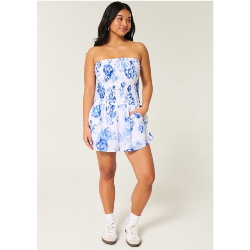 NWOT Hollister Floral Strapless Smocked Bodice Pocketed Cotton Skort Dress Med